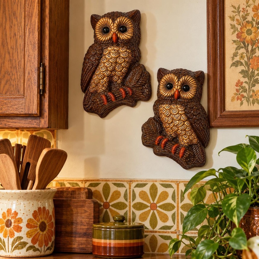 Vintage Owl Wall Plaques Pair 1970s Retro Brown Tan Woodland Mid Century Decor